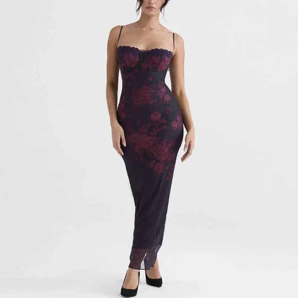 Sheath Slip Dress with Burgundy Floral Lace - Picture 1 of 4